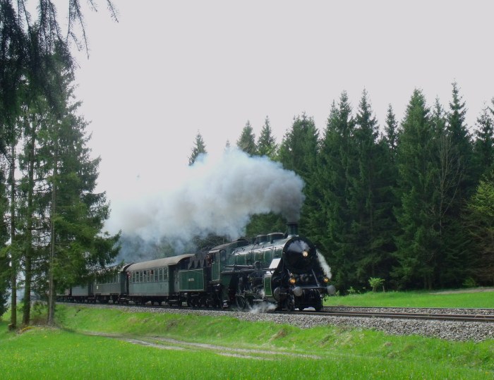 3673 (alias 18 478) mit langem, kombinierten Sonderzug Nördlingen-/ München- Lindau in der leichten aber deutlich hörbaren Steigung vor Günzach, um 11:02h am 01.05.2014