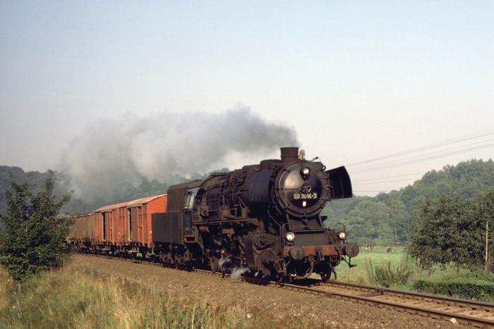 50 3014 Güterzug aus Döbeln, vor Nossen, am 21.08.1978