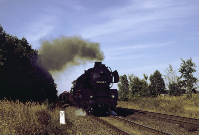 50 3637 mit Durchgangsgüterzug hinter Karstädt, 01.10.1983