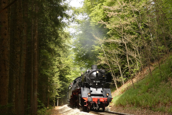 50&nbsp;2273 Zug Schorndorf&rarr;Welzheim (hinten schiebt V100&nbsp;2084) mitten im Wald zwischen Laufenmühle und Breitenfürst bei Strecken-Km&nbsp;17,9 um 11:30 am 03.05.2026