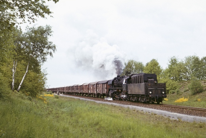 50 4067 Tender voran (=rückwärts) mit ihrem Güterzug Richtungs Schwanheide nahe dem vielfotografierten Feldweg-Bahnübergang bei Km 237,0, um 14:37h am 24.05.1975