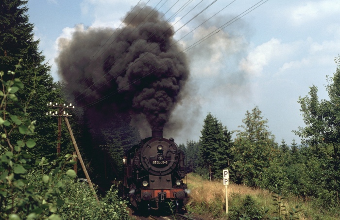 95 0005 mit Güterzug aus Probstzella vor Ernstthal, am 22.08.1978