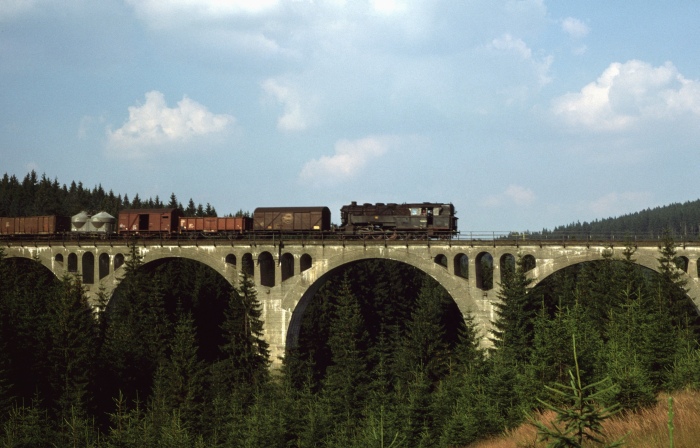 95 0005 Tv mit Güterzug abwärts auf Viadukt am Finstern Grund, am 22.08.1978
