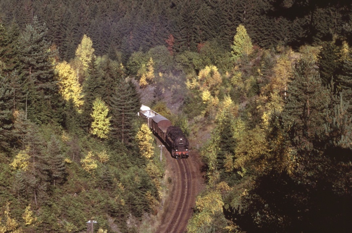 95 0044 mit Güterzug im Einschnitt am Finstern Grund, 13.10.1978