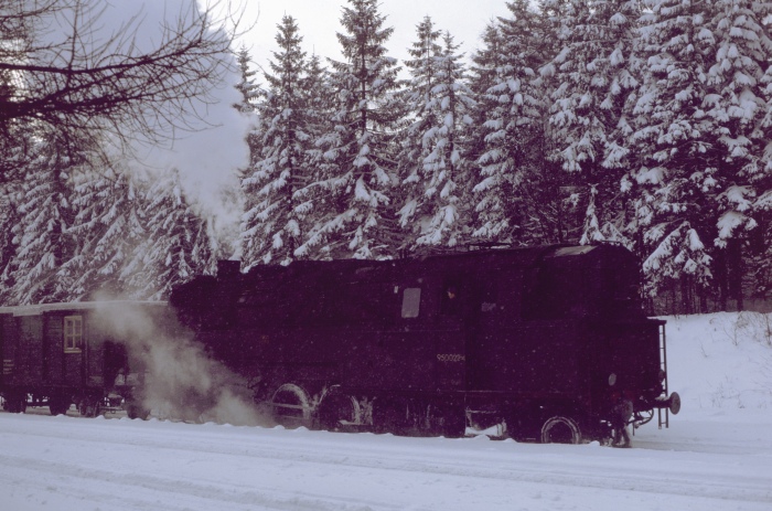 95 0022 macht im Bahnhof Ernstthal an diesem Tag zur Mittagszeit die üblichen Rangierarbeiten, am 02.01.1980