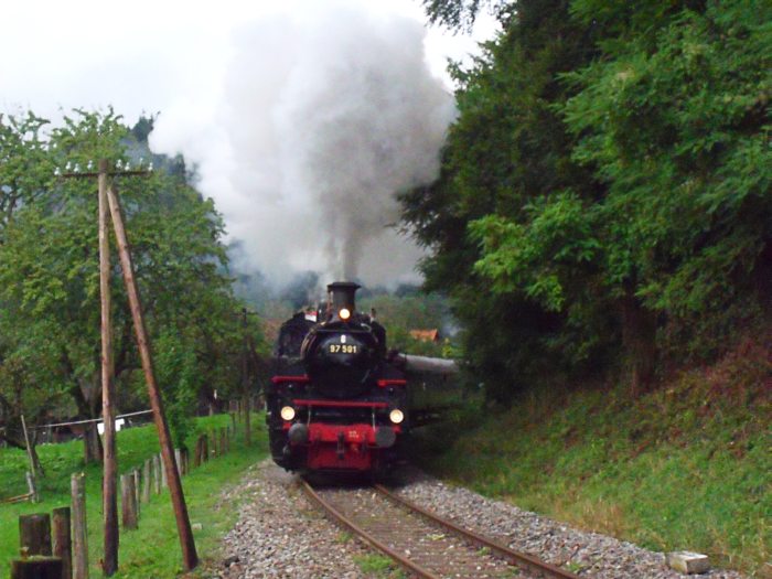 97 501 mit Zug Schorndorf ->Welzheim hinterm Strümpfelbachtal -Viadukt am Stzeinbacher Bauernhof, um 16:46h am 15.09.2013. (Diesel-Schublok: 212 084)