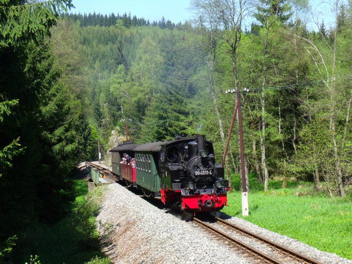 99 4511 mit Zug Nr.49 hinter Metallbrücke übers Schwarzwasser hinterm Loreleifelsen vor Schlössel, um 14:05h am 19.05.2013