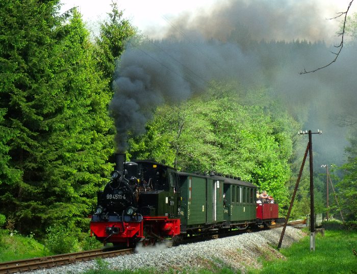 99 4511 mit Zug 43 hinter der Schwarzwasserbrücke und dem Loreleifelsen vor Einfahrt Schlössel, um 11:05h am 27.05.2012