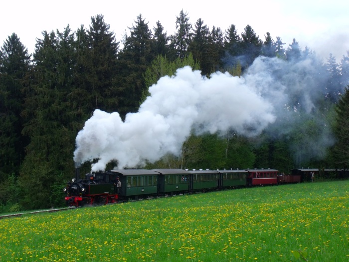 99 633 an einer schön beblümten Frühlingswiese in der Steigung zwischen Reinstetten und Wennedach bei km 16,4, um 12:27h am 02.05.2015