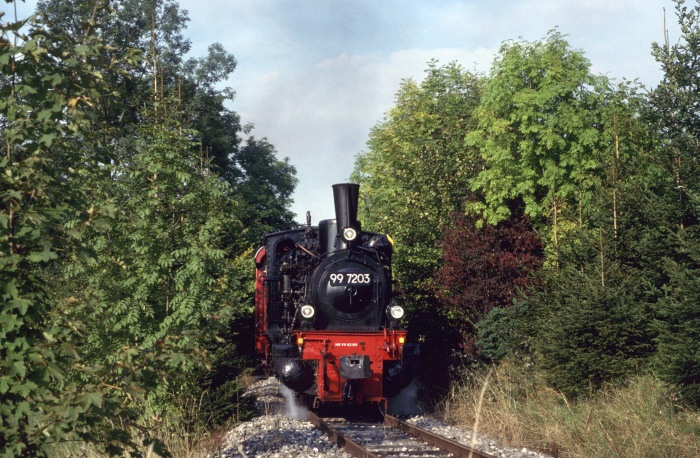 99 7203 mit dem üblichen Oppinger Zug, etwa 1,5 km vor Oppingen, um 16:10h am 28.09.1997