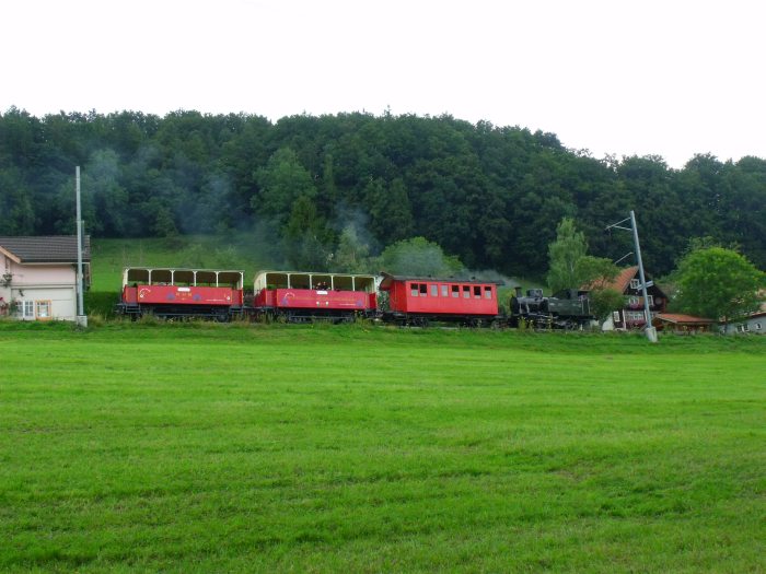 Lok RHB 3 mit dem talwärts fahrenden Zug zurück von Heiden nach Roschach durchfährt den kleinen Haltepunkt Schwendi, um 13:16h am 01.09.2013