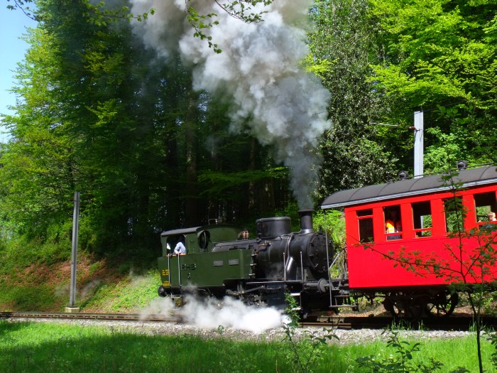 Zahnradlokomotive RHB 3 schiebt den üblichen 3-Wagen-Zug nach Heiden, fotografiert exakt an der besten Stelle für Soundaufnahmen, im Wald unterhalb von Wienacht-Tobel, um 14:00h am 04.05.2014