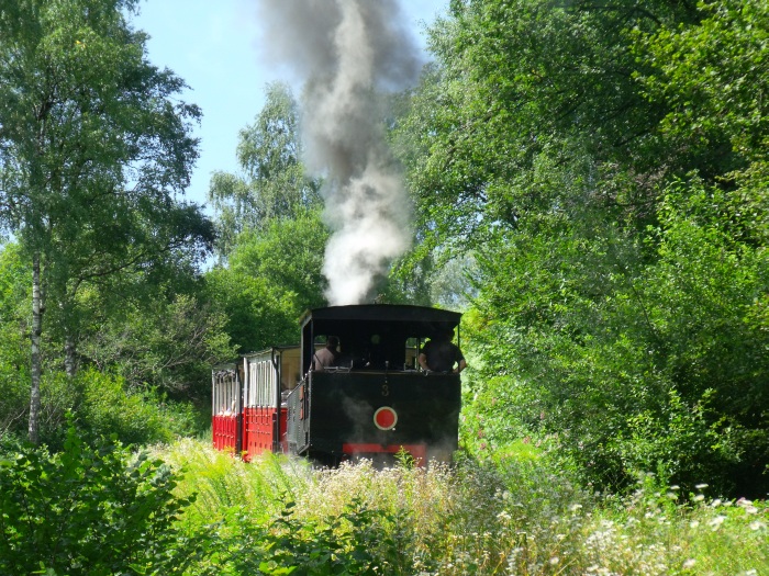 Lok 3 der AsB schiebt die in diesen Hauptsaison üblichen und schön schweren 2 Wagen von Jenbach hoch zum Achensee, wenige hundert Meter hinter dem Haltepunkt Burgeck fotografiert und synchron akustisch aufgenommen, um 15:16h am 02.08.2017