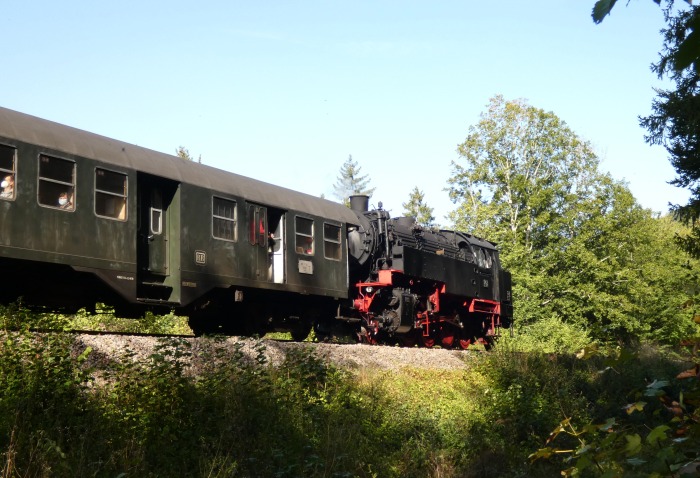 BB 262 Tv mit Zug von Blumberg abwärts nach Weizen, unterhalb von Grimmelshofen im Wald, um 10:57h am 25.09.2021