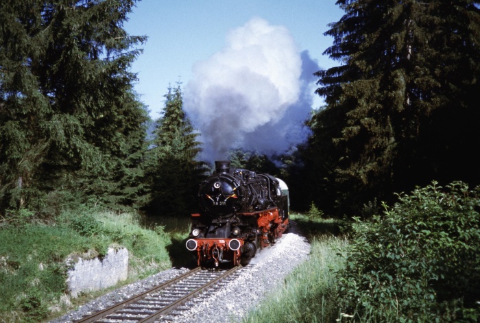 58 311 mit Zug nach Amstetten in der Steigung im Wald hinter Amstetten, 01.07.2006