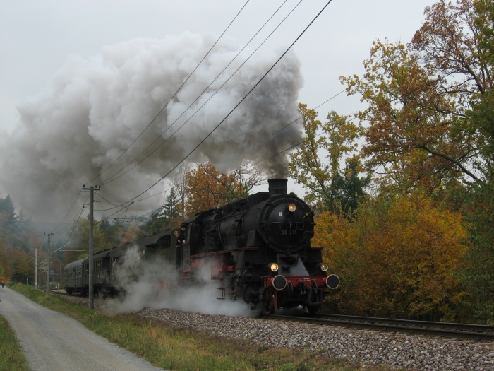 58 311 mit Sonderzug auf der AVG bei Reichenbach-Kurpark, 27.10.2007