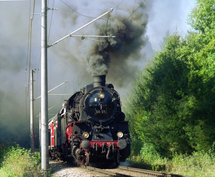 58 311 UEF-Zug von Ettlingen nach Ittersbach, unterhalb vom Haltepunkt am Kurpark Waldbronn-Reichenbach, um 14:20h am 25.09.2016