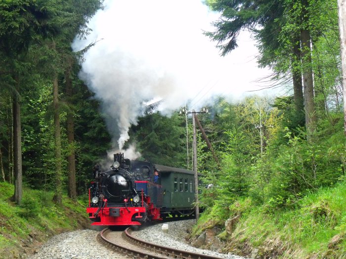 AQUARIUS C mit Zug 49 in der engen Kurve im Schwarzwassertal bei km 20,2 zwischen Schmalzgrube und Schlössel, um 14:05h am 18.05.2013
