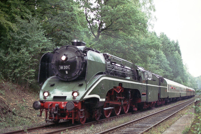 18 201 vor Sonderzug (DPE 92028) abwärts fahrend auf der Schiefen Ebene, morgens am 20.09.2008