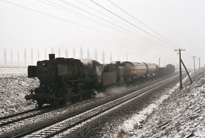 050 473 rollt mit Güterzug aus Richtung Ellrich abwärts, fotografiert etwa 1km westlich von Osterhagen, schon wieder bei fürchterlichem schlechten Fotowetter, 10:15h am 18.03.1976