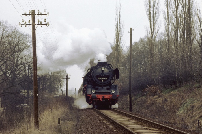 50 3545 mit Sonderzug bei Plau am See, 09.03.1991