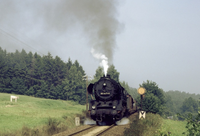 50 3671 mit schwerem Ng 66333 hinter Lengenfeld, 26.08.1983