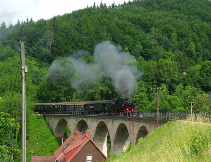 64 419 vor Zug Schorndorf-Welzheim, geschoben von V100 212 084, auf den Strümpfelbachtal- Viadukt bei Siedlung Steinbach, um 10:12h am 24.06.2012
