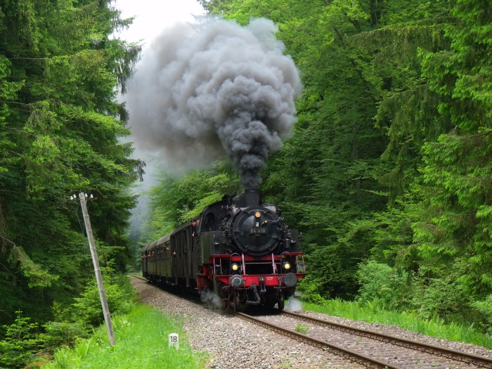 64 419 mit Zug nach Welzheim mitten im Wald zwischen Laufenmühle und Breitenfürst (km 18,5), um 13:20h am 25.05.2015
