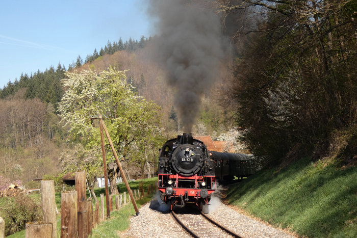 64 419 vor dem langen, aus Stuttgart kommenden Zug nach Welzheim (geschoben von der DBK-V100) hinterm Strümpfelbachtal nahe der kleinen Siedlung Steinbach, um 11:09h am 18.04.2022