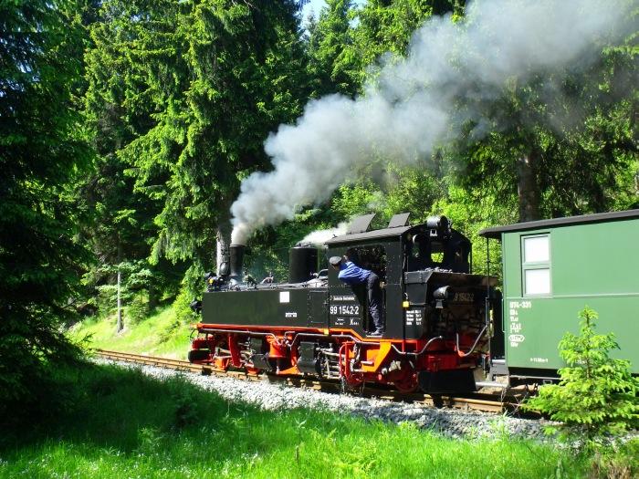 99 1542 mit Zug Nr.21 hinter der Schwarzwasser- Brücke am Loreleifelsen und vor der Einfahrt Schlössel, um 10:37h am 07.06.2014