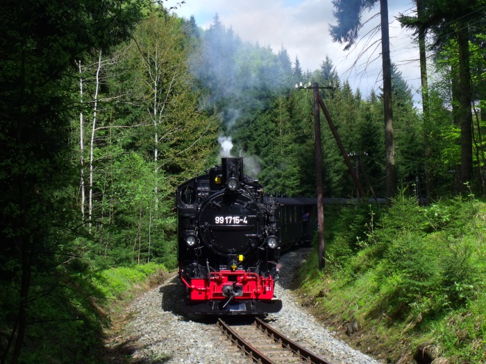 99 (1)715 mit Zug 15 nach Jöhstadt (Preßnitztalbahn) in der Kurve im Schwarzwassertal zwischen Schmalzgrube und Schlössel bei Strecken-km 20,2, um 15:28h am 18.05.2013