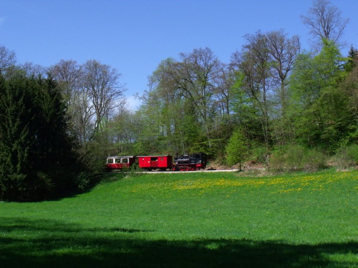An dem wunderschönen Frühlingsfeiertag 1.Mai 2012 kommt 99 7203 Tv mit ihrem Zug von Oppingen zurück nach Amstetten heruntergerollt, fotografiert im Duital um 11:12h