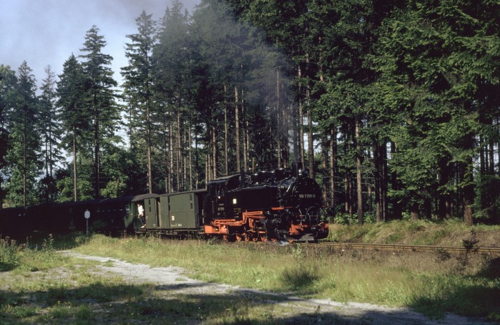 99 1791 mit P 14315 hinter Vierenstraße im Wald, am 08.09.1989