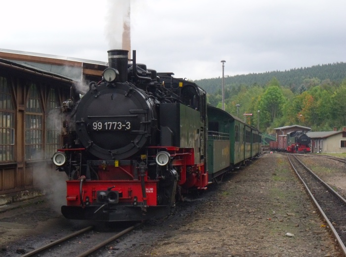 99 1773 vorm P 1005 nach Oberwiesenthal abfahrtbereit am Bahnsteig in Cranzahl um 13:10h am 27.09.2019
