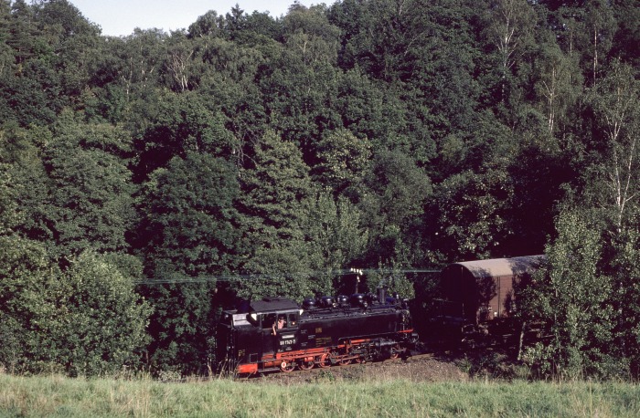 99 1747 Tv abwärts mit Güterzug unterhalb von Seifersdorf, am 01.09.1989