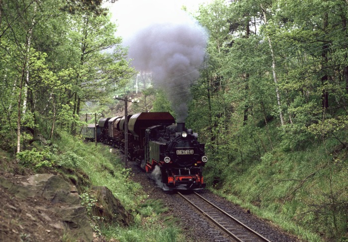 99 1761 mit Güterzug zwischen Seifersdorf und Malter, am 11.05.1990
