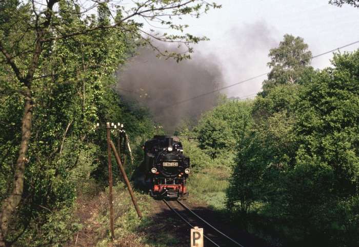 99 1761 mit P 14261 hinter dem Feldweg-Bahnübergang weit hinter Seifersdorf, um 9:30h am 13.05.1990