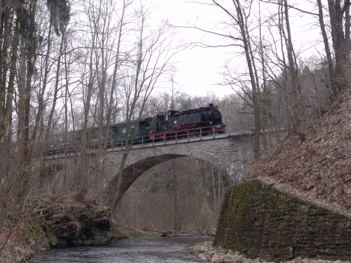 99 771 (alias 1771) mit dem Planpersonenzug P 5006 (Hainsberg->Dipps.) auf dem bekannten Steinbogenviadukt direkt vorm Bf Seifersdorf, um 14:41h am 25.03.2011