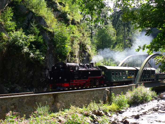 99 1746 Tv mit P 5007 abwärts fahrend im Spechtritzgrund an der neu gebauten Roten Weißeritz-Brücke oberhalb vom Bahnhof Rabenau, um 15:38h am 29.08.2011