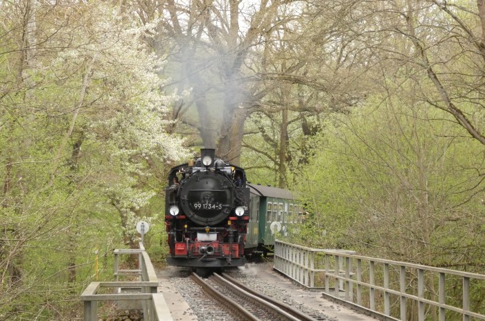 99 1734 am nächsten Tag noch mal wieder mit dem P 5002, dieses mal an der Einfahrt vor Seifersdorf am Viadukt fotografiert, um 13:55h am 23.04.2025