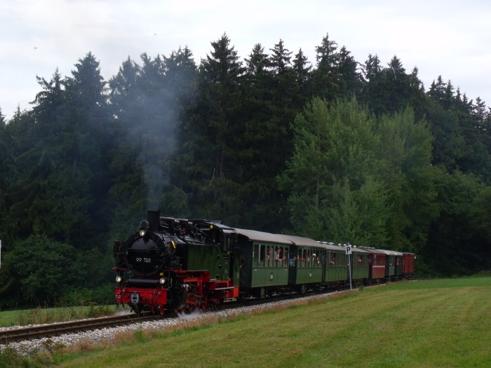99 788 mit Zug Ochsenhausen-Warthausen, hinter Reinstetten zwischen den Wäldern (etwa km 16,4) um 12.33h am 13.09.2015