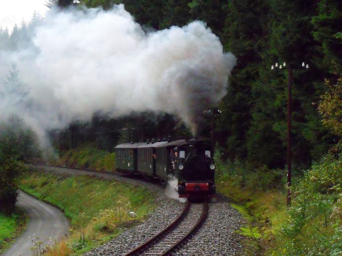 No 54 mit Zug 11 bergauf krachend im Schwarzwasser-Tal oberhalb von Schmalzgrube, um 13:50h am 27.08.2011 No 54 mit Zug 11 bergauf krachend im Schwarzwasser-Tal oberhalb von Schmalzgrube, um 13:50h am 27.08.2011