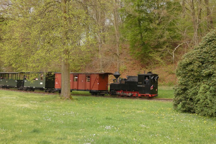 99 3317 Tv mit erstem Zug am Ostermontag abwärts rollend vor Einfahrt Bad Muskau am Parkrand nahe der Bautzener Straße, um 10:16h am 21.04.2025