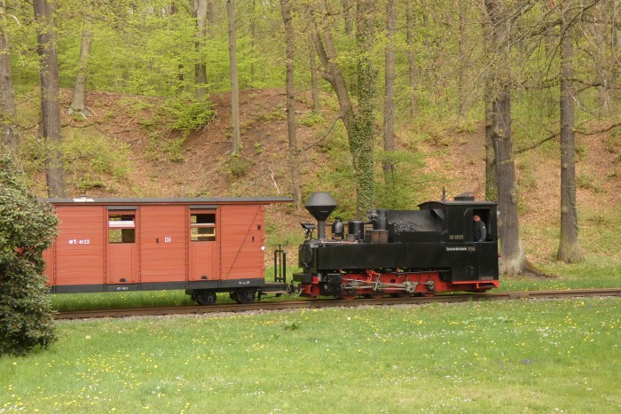 99 3317 Tv mit erstem Zug am Ostermontag abwärts rollend vor Einfahrt Bad Muskau am Parkrand nahe der Bautzener Straße, um 10:16h am 21.04.2025
