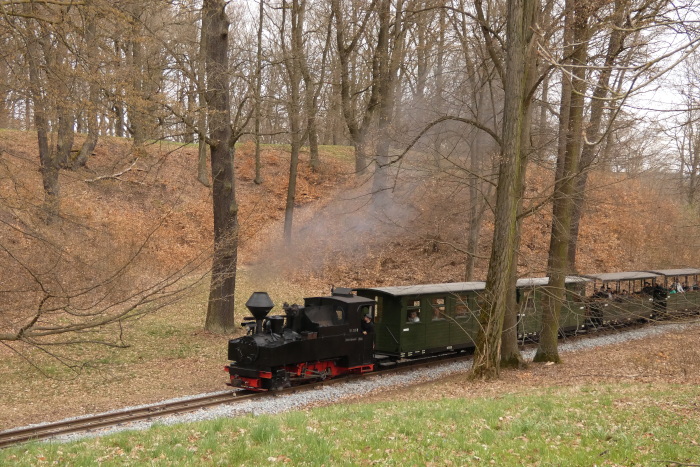 99&nbsp;3315&nbsp; mit Zug Bad Muskau&rarr;Weißwasser, im kleinen Waldabschnitt in den Kurven hinter der Ausfahrt von Bad Muskau, um 13:48h am 04.04.2026