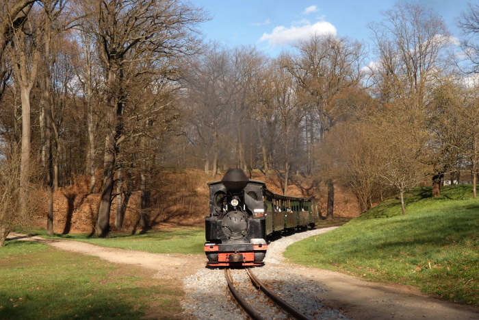 99&nbsp;3315&nbsp; mit letztem &bdquo;Ostern-Zug&ldquo; Bad Muskau&rarr;Weißwasser hinter Bad Muskau in den Kurven an dem bekannten Waldweg-Bahnübergang, um 6:50h am 06.04.2026