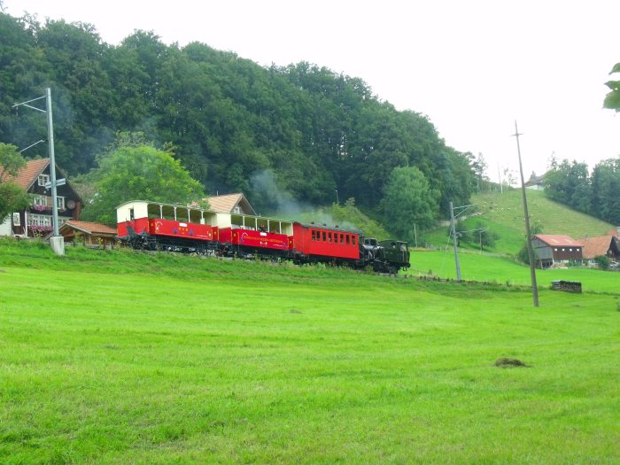 Lok RHB 3 mit dem talwärts fahrenden Zug zurück von Heiden nach Roschach durchfährt den kleinen Haltepunkt Schwendi, um 13:16h am 01.09.2013