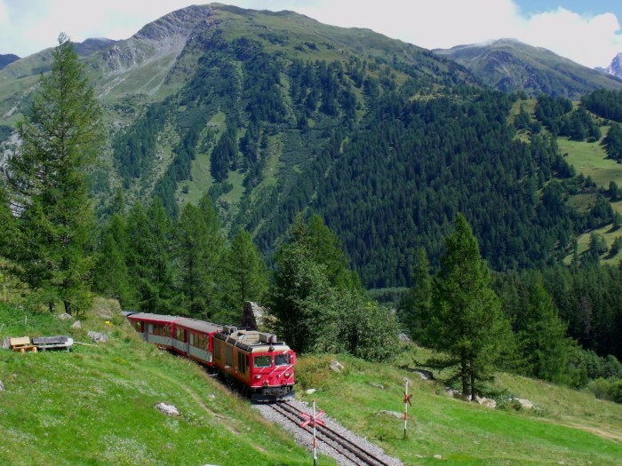Die Nr. 61 HGm4/4 der ex FO wird von der MGB (Matterhorn-Gotthardt-Bahn) langfristig für die Dieselzüge ausgeliehen. Hier sieht man sie mit dem nachmittäglichen Zug aus Gletsch talwärts fahrend am Hang nahe dem Ortsteil Unterwassern von Oberwald, am 24.08.2014 um 13:35h