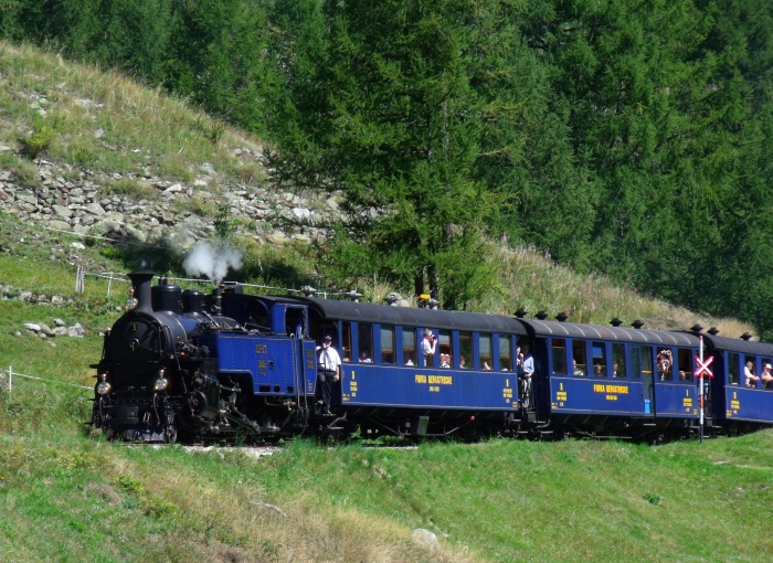 DFB 1 mit Zug Realp→Oberwald kommt die Steigung abwärts nach Oberwald hinein gefahren, um 12:23h am 30.08.2015