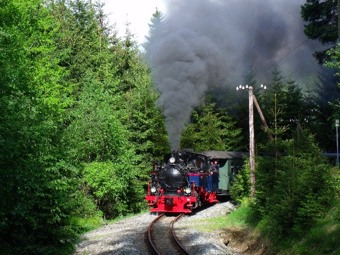 AQUARIUS C mit Zug 17 auf der Preßnitztalbahn, direkt auf dem kleinen Wanderweg- Bahnübergang vor der engen Kurve im Tal zwischen Schmalzgrube und Schlössel, um 17:28h am 26.05.2012